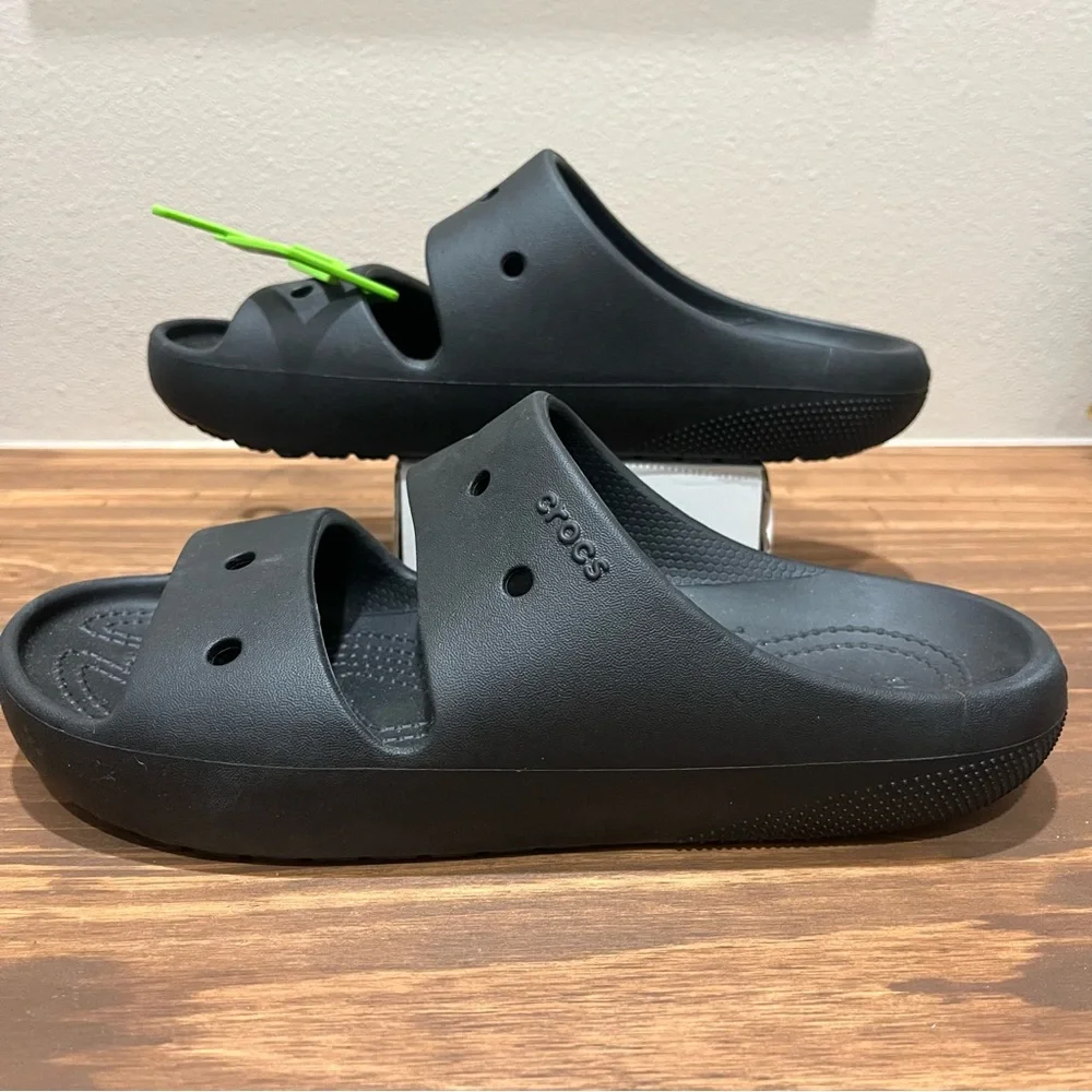 CROCS Classic Logo Women 9 / Men 7 Black Double Straps Slides Sandals NWOT - Picture 2 of 8